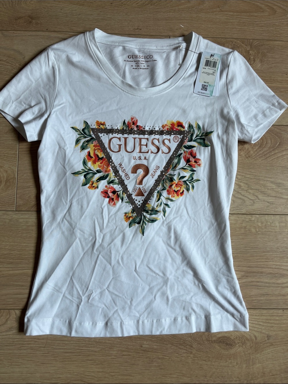 GUESS White Floral Triangle Logo Tee